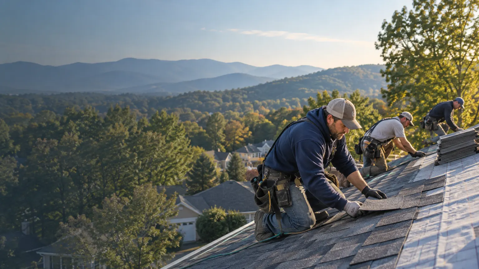 Roofers installing asphalt shingles on a house